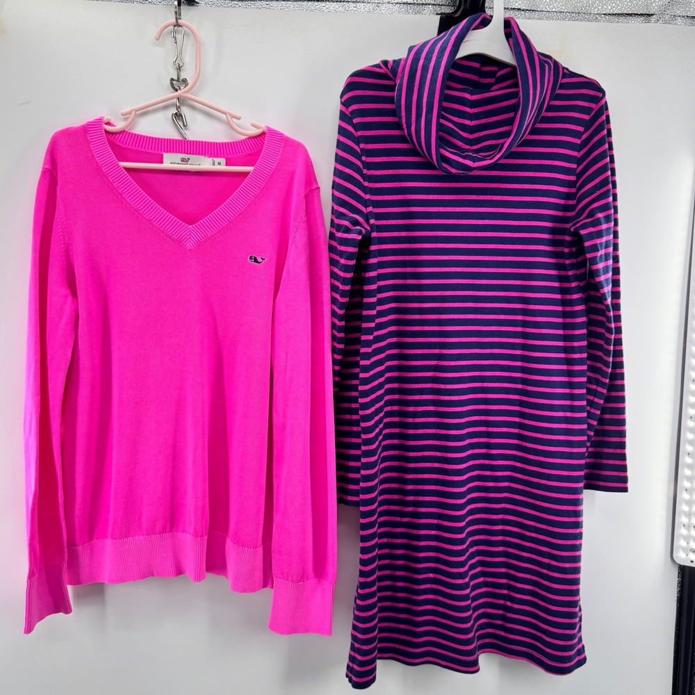 Vineyard Vines Sweater Dress Bundle Girls M Pink Preppy Cotton Striped Cowl Neck